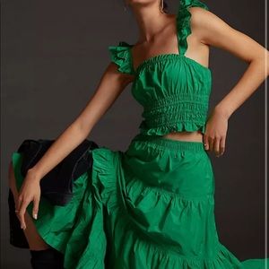 Anthropologie Maeve smocked taffeta tank & midi skirt set NEW sz 6